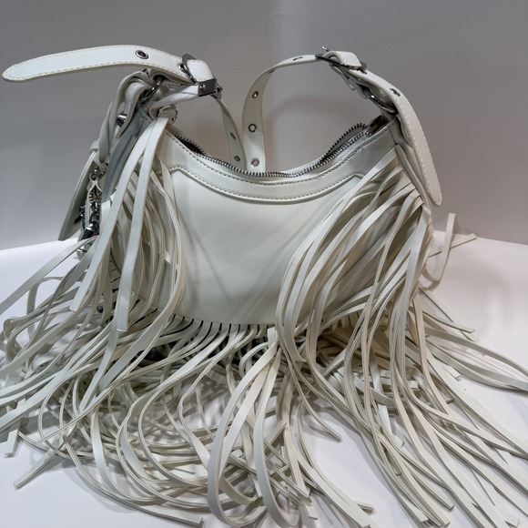 Vintage Y2K Style Purse Wristlet White Pleather Fringe Purse Bag Crossbody Emo - Picture 8 of 10